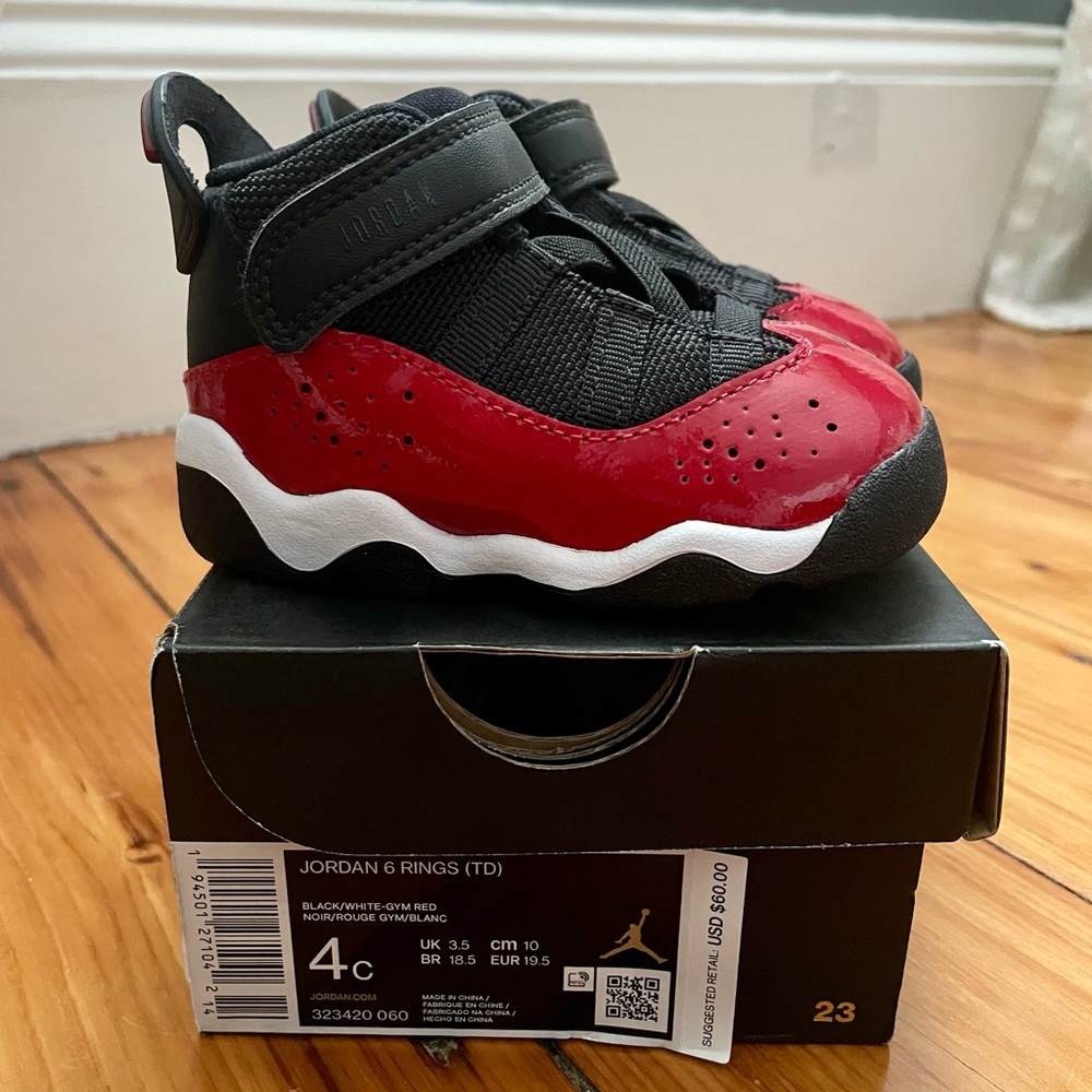 Toddler Jordan 6 Rings (TD). NIB, never worn. Black/white-metallic red. Size 4C